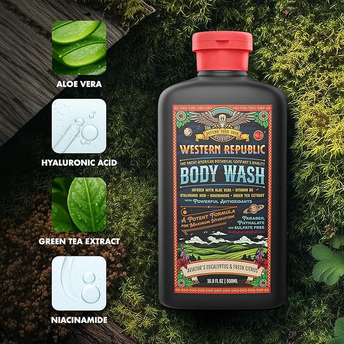 Men's Body Wash | Aviator's Eucalyptus &amp Fresh Citrus Scent | Hydrating &amp Anti-Aging Formula with Aloe Niacinamide &amp Hyaluronic Acid (2 Pack) | Made in USA