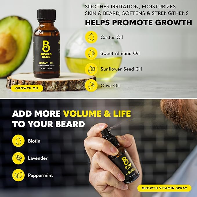 The Beard Club Titanium Beard Growth Kit - Derma Roller Growth Oil Vitamins Vitamin Spray Biotin Balm Thickening Conditioner Shampoo Straight Razor Scissors Comb Cleansing Spray - Gift Set