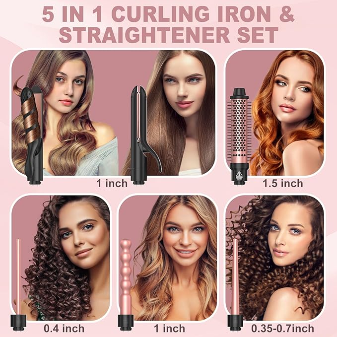 5 in 1 Curling Wand Set Curling Iron with Curling BrushHair Straightener &amp 3 Interchangeable Ceramic Curling Wand(0.35-1) Fast Heat Hair Wand Curler Include Glove &amp 2 Clips for Women Gir