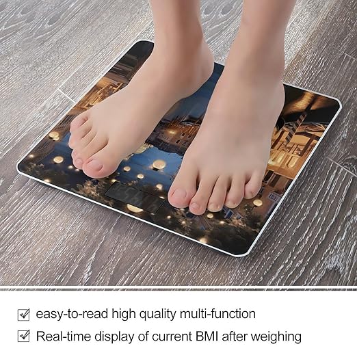 Beautiful Venice at Night Digital Bathroom Scale for Body Weight with High Precision Digital Weighing Scale with BMI Clear LCD Display and Step-On Measures Weight Up to 180kg