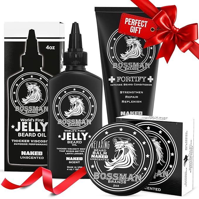 Bossman Essentials Beard Kit for Men Set of 3 - Beard Oil Jelly Fortifying Conditioner Cream Beard Balm - Grooming Growth Care Accessories - Gift Set for Men (Naked - Unscented)