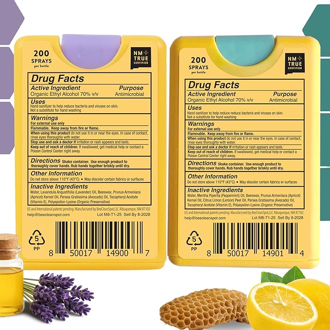 4-Pack Combo Hand Sanitizer Spray - 2 Lavender + 2 Citrus Peppermint Travel Size Mist Spray with Organic Ethyl Alcohol Beeswax - Moisturizing with Essential Oils Non-Toxic Made in USA