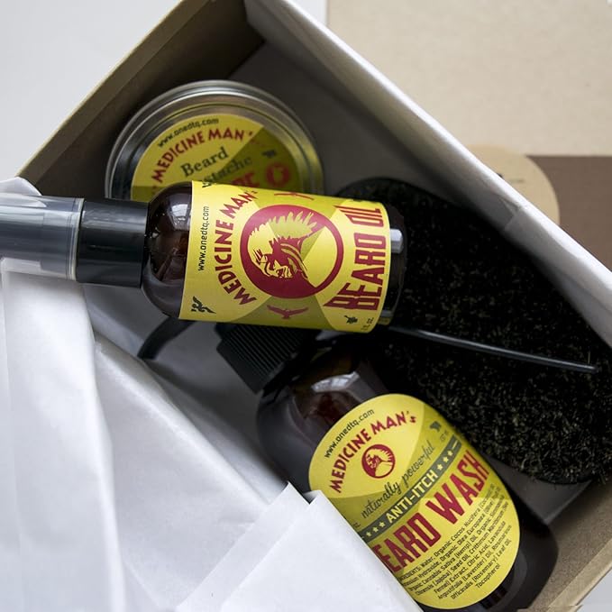Medicine Man’s Anti-Itch Beard &amp Mustache Kit - Beard Itch Wash Oil Balm Brush - Beard Treatment Products in Premium Gift Box