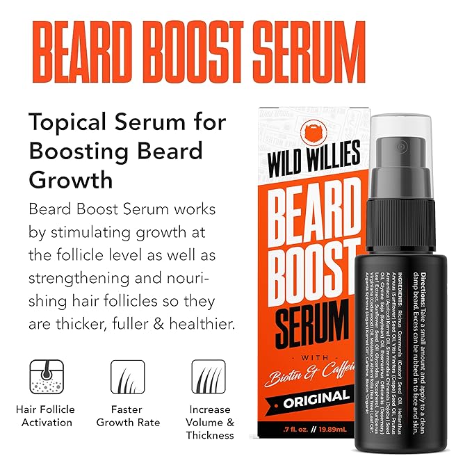 Wild Willies Beard Growth Kit - Capsules &amp Boost Serum - Natural Growth Oil With Biotin &amp Caffeine - Vitamins for Fuller Thicker Beard - 60 Capsules - For Men