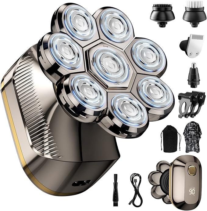 Head Shavers IPX6 Waterproof Rotary Shaver for Bald Men SHPAVVER Upgrade 8D Electric Razor with LED Dispaly 10-in-1 Wet/Dry Use Grooming Kit for Head Shaver Silver