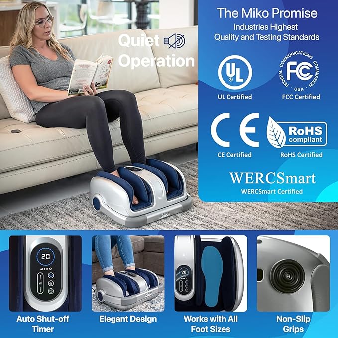 MIKO Shiatsu Foot Massager for Circulation &amp Pain Relief - Deep Tissue Kneading Heat Therapy for Plantar Fasciitis Neuropathy Diabetics - Fits Up to Size 15