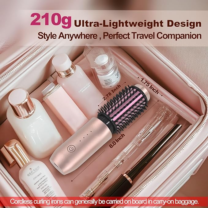 Youbella Cordless Hair Curling Iron Brush Mini Travel Hot Straightener Comb 3-in-1 Portable Wave Curling Wand 1.5″ Ionic Heated Brush USB Rechargeable Hair Curler Pink – No Automatic Rotation