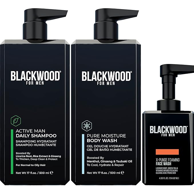 BLACKWOOD FOR MEN Workout Warrior Recovery Set including Active Men Shampoo Pure Moisture Body Wash X-Punge Foaming Face Wash - Natural Vegan Formula