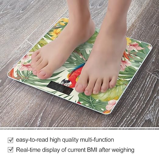Tropical Plants and Parrots Bathroom Scale Large LCD Backlight Display Digital Scale Rounded Corners Body Scales Automatic Power On/Off Bathroom Scales for Home Bedrooms