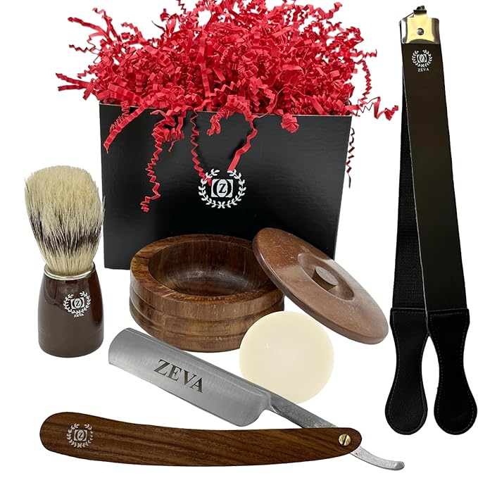 Men Straight Razor Gift Set Classic Gift 5/8 Carbon Steel hollow ground blade with leather honing strop whet and Drip Stand Gold (Brown)