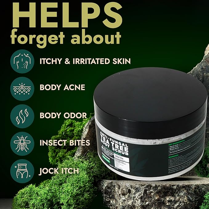 Terramed Just Think Comfort Antifungal Body Scrub with Tea Tree Oil – Exfoliating Body Wash for Women &amp Men – Soothes Itchy Skin Rashes Acne Warts &amp Insects Bites – 12 Fl oz with Scrubber B