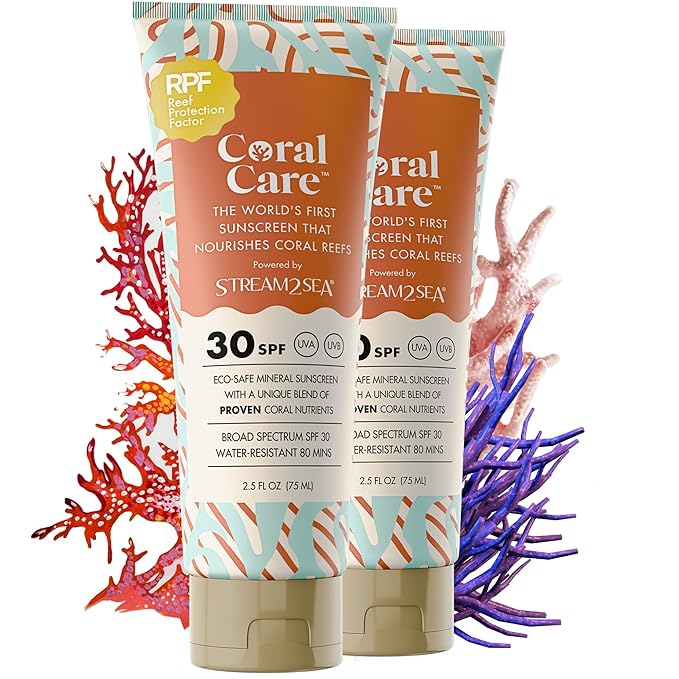 Stream2Sea Coral Care - Reef Safe Sunscreen SPF 30 Travel Size - First Reef-Approved Natural Mineral Sun block Boosts Coral Growth Water resistant Biodegradable Eco-Friendly - 2 Pack