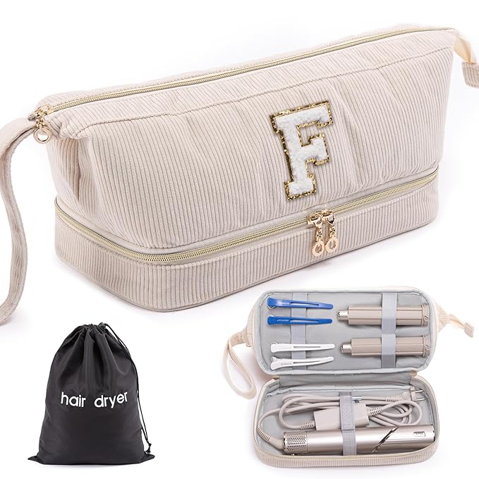 Initial Personalized Hair Dryer Case Double-Layer Hair Tools Travel Carrying Case for Shark FlexStyle Dyson Airwrap and Supersonic Hair Dryer Attachments