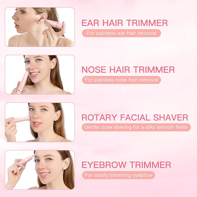 Nose Hair Trimmer for Women 3in1 Electric Eyebrow Trimmer Waterproof Facial Hair Removal Rechargeable Hair Shaver Razor for Nose Ear Eyebrow Peach-Fuzz Lips Chin FT3001 Pink (Pink)
