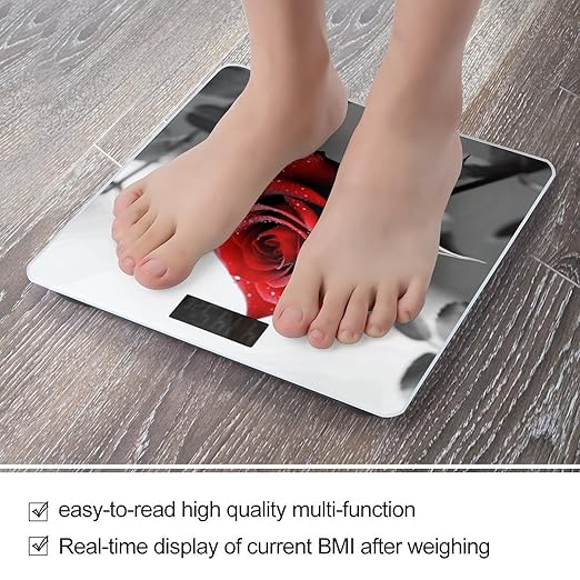 Black and White Red Rose Scale for Body Weight Safe Rounded Corners Tempered Glass Digital Bathroom Scale LED Display 400lb Capacity Weight Scales with High Precision Sensors