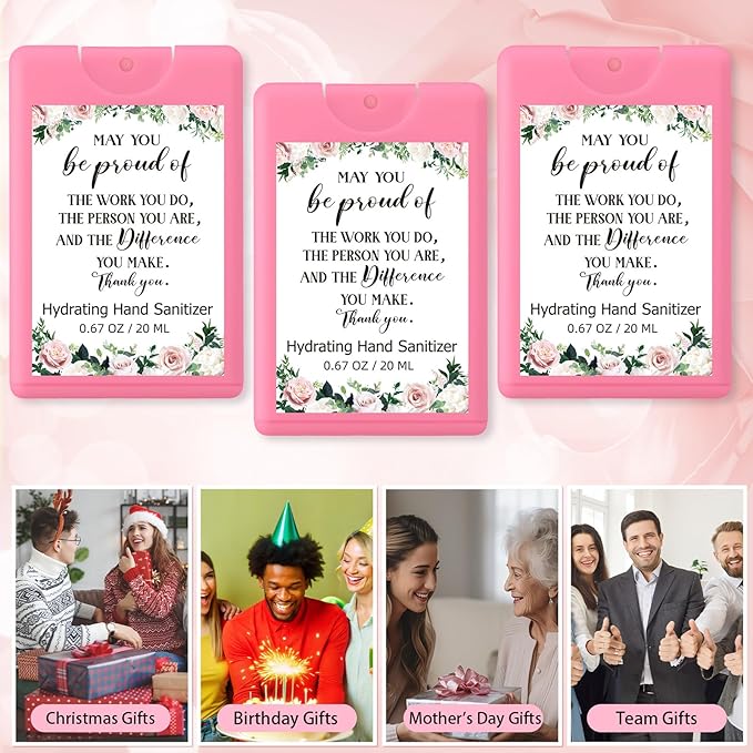 24 Pack Travel Size Hand Sanitizer Spray Bulk Employee Appreciation Week Gift Mini Motivational Thank You Gift Hydrating Pocket Sprays Gifts for International Women Day Gifts(PinkThank You)