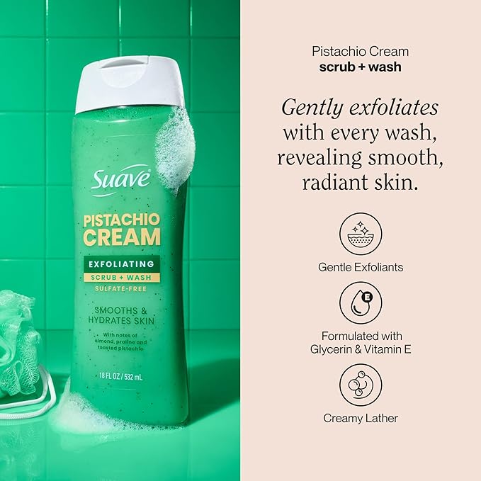Suave Pistachio Cream Exfoliating Body Wash &amp Scrub with Glycerin &amp Vitamin E Sulfate-Free Hydrating Cleanser for Soft Smooth Skin 6 Count 18 FL OZ