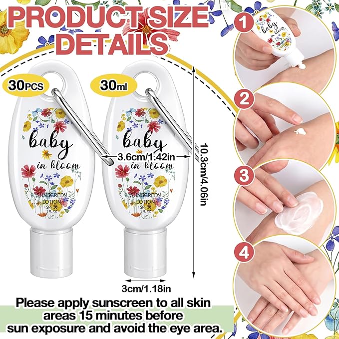 Leelosp 30 Pcs Mini Sunscreen with Carabiner Bulk for Wildflower Baby in Bloom Baby Shower Party Favors Travel Size 1 Fl. oz. Spf 30 Water Resistant Mini Sunblock Lotion for Wildflower Party