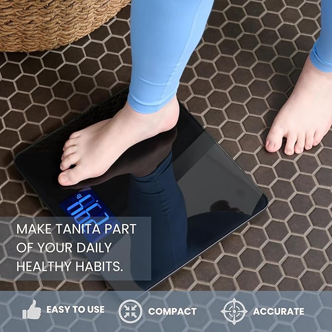 Tanita HD-366F FitScan Digital Weight Scale - 440 lb Capacity - 8mm Tempered Glass Platform - Jumbo Blue Backlit LCD - Sleek Low-Profile Design - Heavy-Duty Durable Build - Japan Technology