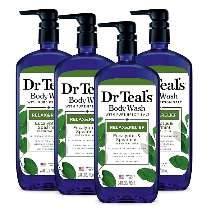 Dr Teal's Body Wash (Pack of 4) &amp Shea Sugar Body Scrub (Pack of 3) with Eucalyptus Spearmint &amp Rose