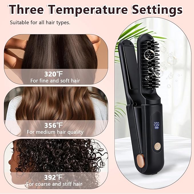 Cordless Hair Straightener Brush Portable Travel Hair Straightener 2 in 1 Cordless Mini Rechargeable Flat Iron &amp Hair Straightener Brush with Dust Cover Digital Display (Black)