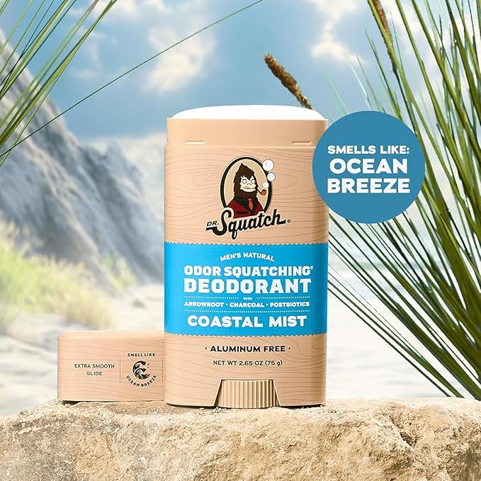 Dr. Squatch Natural Men’s Deodorant – Aluminum Free Natural Deodorant Men with Charcoal &amp Postbiotics for 72-Hour Odor Protection – Coastal Mist 2.65oz Stick (3-Pack)