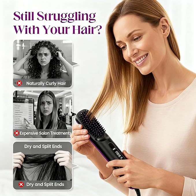 Go Brush Pro Hair Straightening Brush Portable Cordless Mini Straightener 3 Temp Auto Shut-Off Anti-Frizz Ideal for On-The-Go Styling