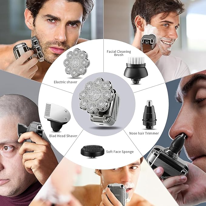 9D Electric Head Shaver 5 in 1 Men Grooming Kit IPX 7 Waterproof Cordless Rechargeable Electric Razor for Bald Men