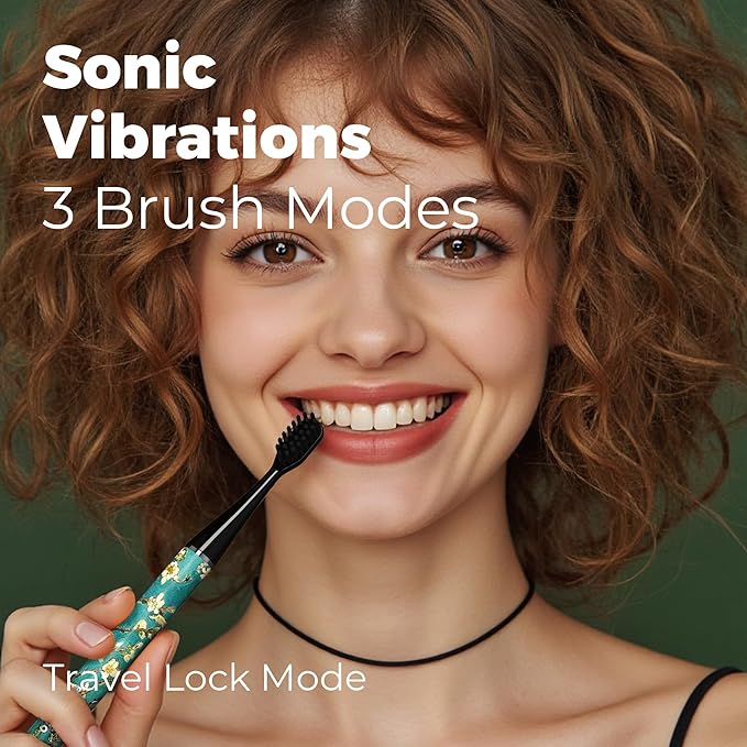 MIPOW Brush GO SlimPro i4 Electric Toothbrush Rechargeable Smart Ultra Sonic 3 Modes Travel Case &amp Ceramic Dock 60Day Battery Soft Bristles 2 Heads IPX7 Waterproof Color-Almonde Edition
