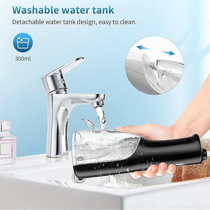 Cordless Oral Irrigator - 4 Modes Water Flosser for Teeth Cleaning 300ML Reservoir 360° Nozzle IPX7 Waterproof 2000mAh Rechargeable Battery 4 Jet Tips Smart Memory Function (M149 - Black)