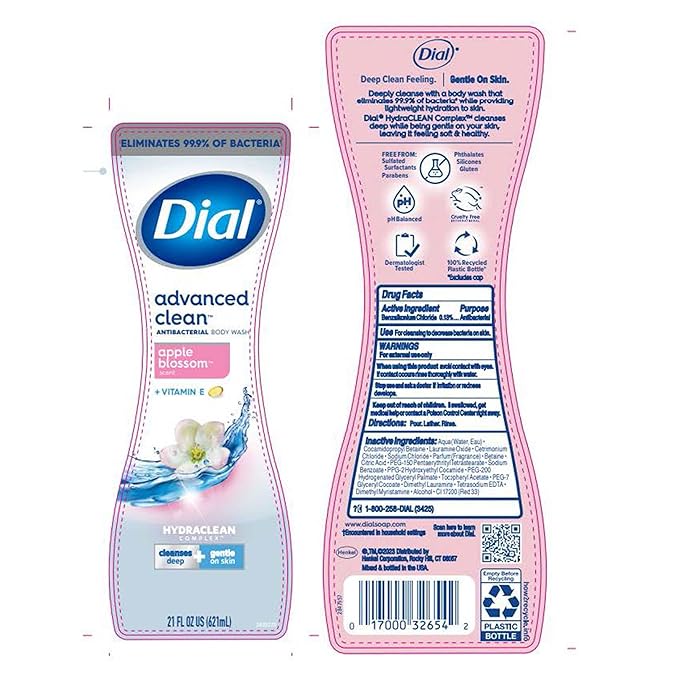 Dial Body Wash 6 Pack Apple Blossom Scent Hydrating and Moisturizing Deep Cleaning Women's Body Wash with Vitamin E for Dry Skin 16 oz. Each