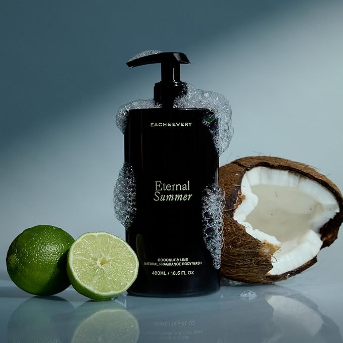 Each &amp Every Body Wash for Women and Men - Skin Feels Hydrated Smooth &amp Soft - Ceramides Lactic Acid AHA &amp Moringa Oil - 100% Natural Fragrance Gel - Eternal Summer Coconut &amp Lime -