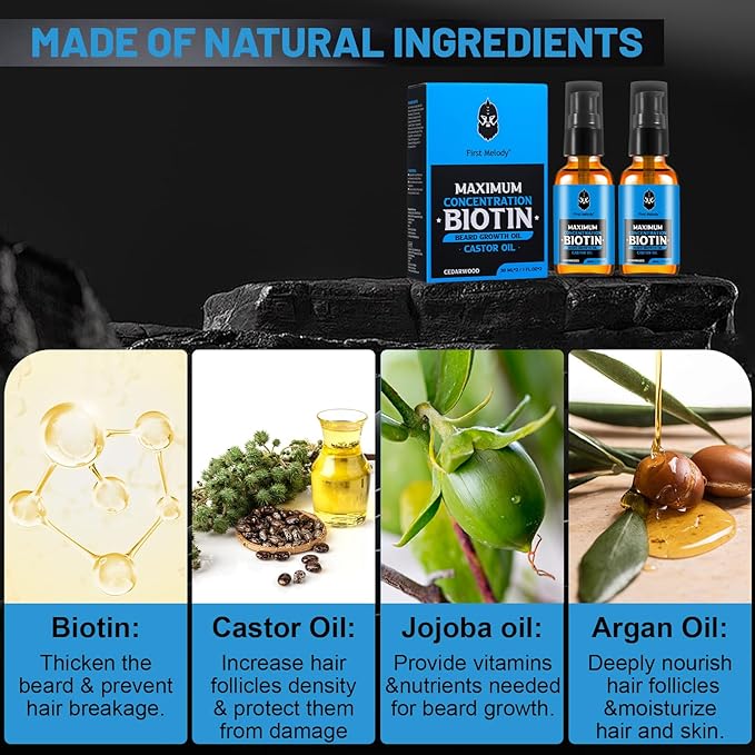 Beard OilMaximun Thickening Biotin with Castor Oil and Argan &amp Jojoba Oils Promotes Beard Growth Styles Strengthens &amp Softens Beards &amp Mustaches1 Ounce*2（2 Pack）