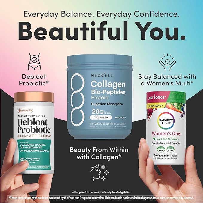 NeoCell Women’s Debloat Beauty &amp Balance Bundle | 3-in-1 Bundle Pack Collagen Bio-Peptides Protein | Debloat Probiotic | Women’s One + Multivitamin