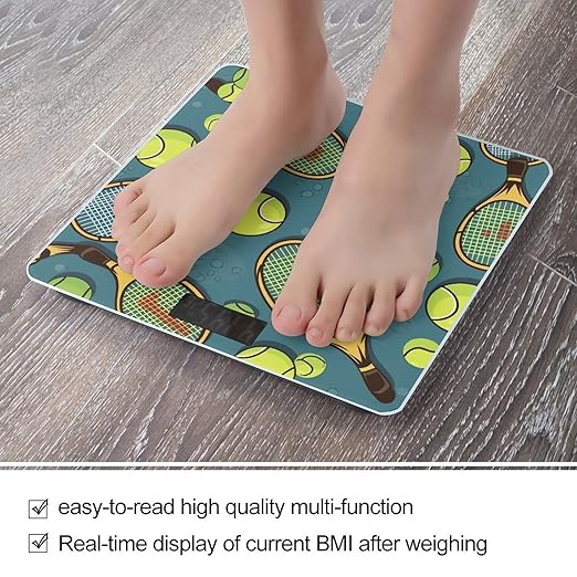 Funny Tennis Racquets and Tennis Balls Scale for Body Weight High Precision Digital Weight Scales with LCD Display Anti-Slip Sturdy Slim Tempered Glass Bathroom Scale for Home Use