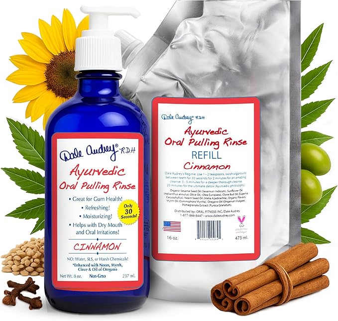 Natural Oil Pulling for Teeth and Gums | Cinnamon Flavored Oral Rinse Mouthwash for Bad Breath | Organic Essential Oil for Teeth Whitening &amp Gum Health Cobalt Glass Bottle with Refill Pouch-16 FL
