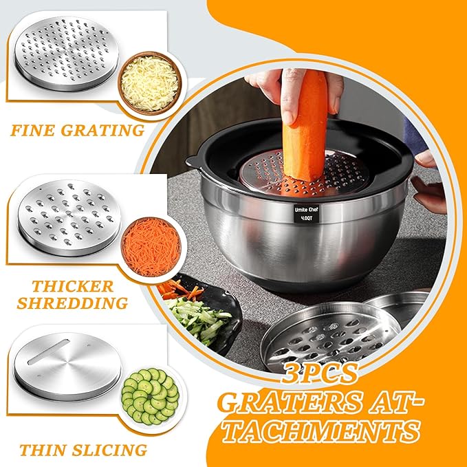 Umite Chef Mixing Bowls with Airtight Lids 26Pcs Stainless Steel Bowls Set 3 Grater Attachments &amp Black Non-Slip Bottoms Size 7 4 2.5 2.01.5 1QT Great for Mixing &amp Serving