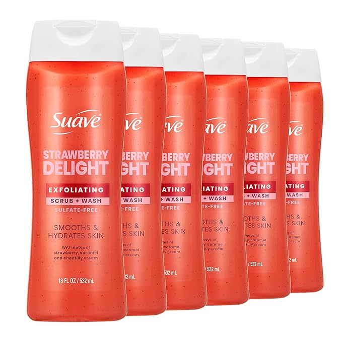 Suave Strawberry Delight Exfoliating Body Wash &amp Scrub with Glycerin &amp Vitamin E Sulfate-Free Hydrating Cleanser for Soft Smooth Skin 18 FL OZ Pack of 6
