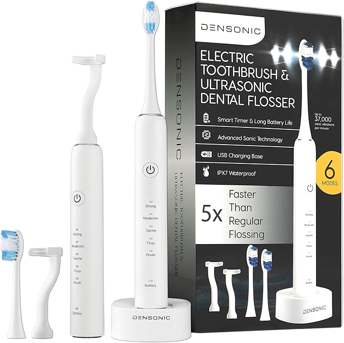 Electric Toothbrush and Flosser Combo | 2-in-1 Sonic Cleaning &amp No-Mess Mechanical Floss | 5X Faster Deep Clean | 6 Modes | 2 Toothbrush Heads + 50 Replacement Floss Heads [White]