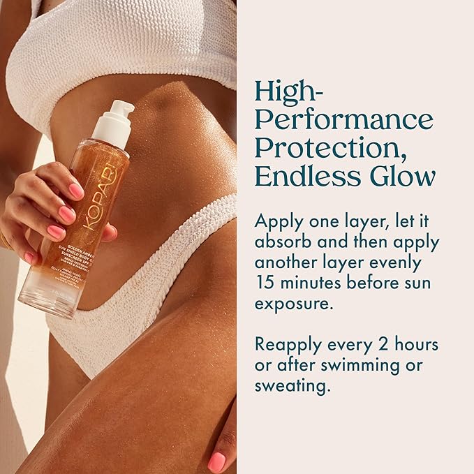 Kopari Sun Shield Body Glow Broad Spectrum SPF 30 Lightweight Shimmering Gel Texture Absorbs Quickly Non Sticky Glowing Results Golden Amber 5 oz