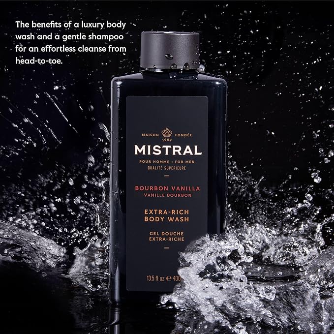 Mistral Men's Body Wash &amp Shampoo Bourbon Vanilla 13.5 oz | 2-in-1 Natural Shower Gel for Men | SLS Paraben &amp Phthalate Free | Natural Men’s Body Wash Moisturizing Bath Gel - Made in France