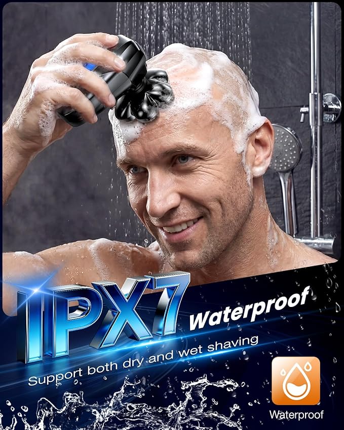Head Shavers for Bald Men 5-in-1 Electric Shaver Grooming Kit 7D Floating IPX7 Waterproof Rechargeable Wet/Dry Razor for Skull Bald Head Body Hair with Massager Black