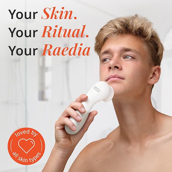 Vanity Planet Raedia Facial Cleansing Brush - Electric Facial Cleansing Brush with 4 Exfoliating Brush Heads - Waterproof Handheld Lightweight for Face Scrubber and Exfoliating Face - Warm Grey