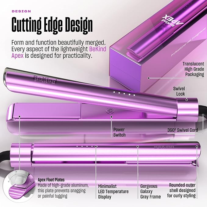 Bekind Apex 2-in-1 Hair Straightener Flat Iron | 1“ 460°F Straightener &amp Curler for All Hairstyles | UltraSmooth Tech | 15s Fast Heating &amp Temp Memory | Gift Set for Girls Women (Violet Bloom)