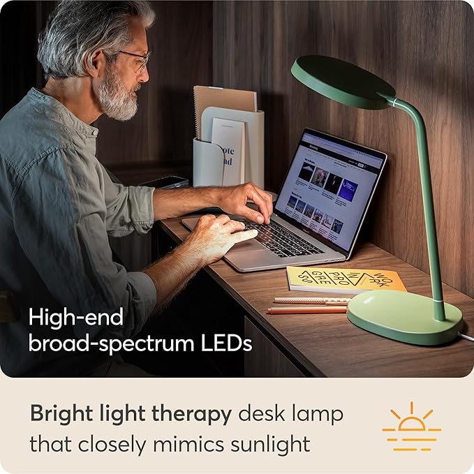 Lumie Task - 10000 Lux Adjustable Bright Light Therapy Desk Lamp for Mood and Energy Boost and Winter Blues Relief Crystal Clear Illumination and Maximum Visual Comfort - Sage Green