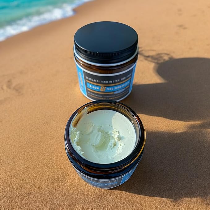 Tallow &amp Zinc Sunscreen 2oz - Chemical Free / 30 SPF - USA Made - Grassfed Tallow Sunscreen w/Honey and Non-Nano Zinc - For Adults and Children Reef Safe Water Resistant - 5 Organic Ingredients