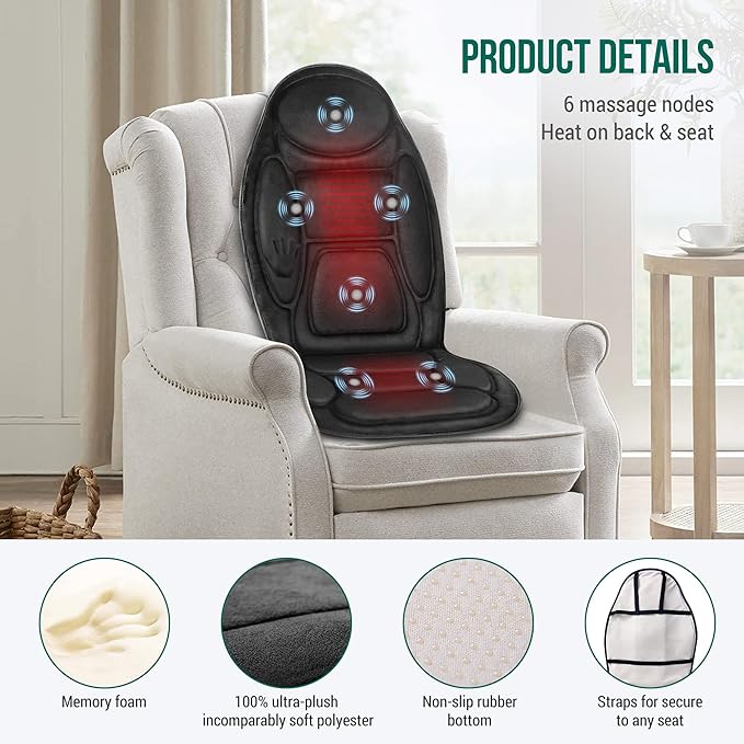 Snailax Back Massager with Heat Memory Foam Chair Massage Pad 5 Massage Modes &amp 2 Heat Settings Seat Massager for Office ChairHome Use