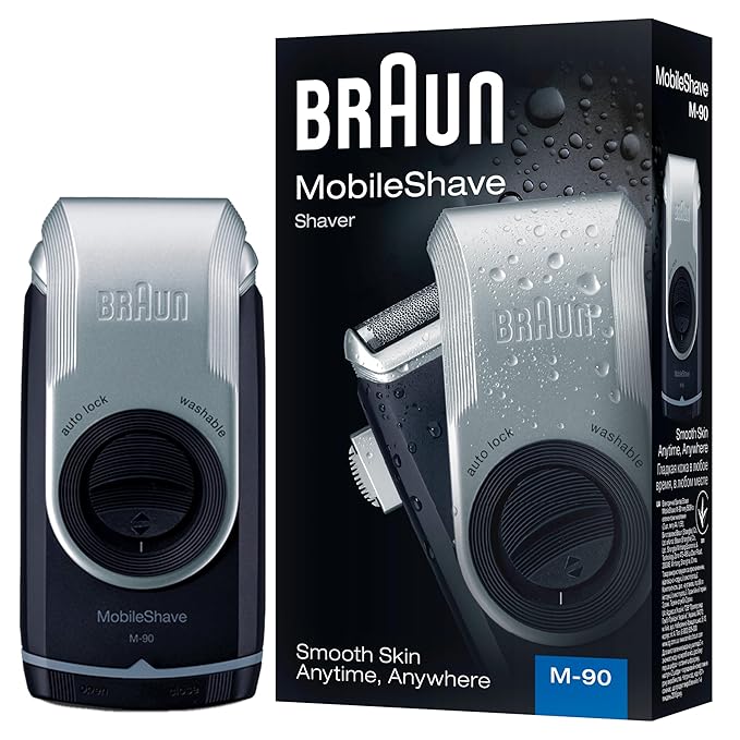 Braun MobileShave M-90 Travel Shaver Silver (Precision Trimmer Smart Foil Wide Floating Foil Washable)