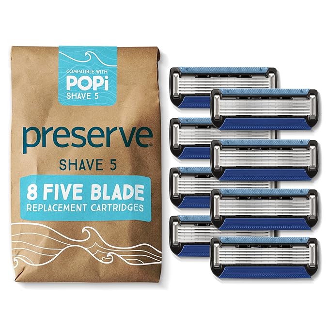Preserve POPi Shave Razor Blades Refills - 5 Blade Razors for Men &amp Women - Ceramic Coated Shavers for Comfort with Aloe-Cocoa Butter Strip - Reusable Shaving Refill - 8 Pack