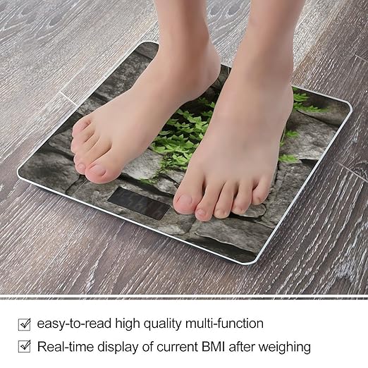 Plant on Stone Wall Scale for Body Weight Anti-Slip Tempered Glass Digital Bathroom Scales Clear LCD Display Weighing Scale Safe Rounded Corners Smart Scales